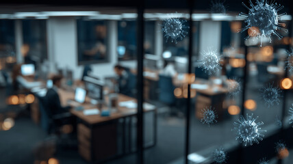 Airborne virus particles drifting through a busy office environment illustrating workplace infection risk, disease transmission and the importance of hygiene, prevention strategies 