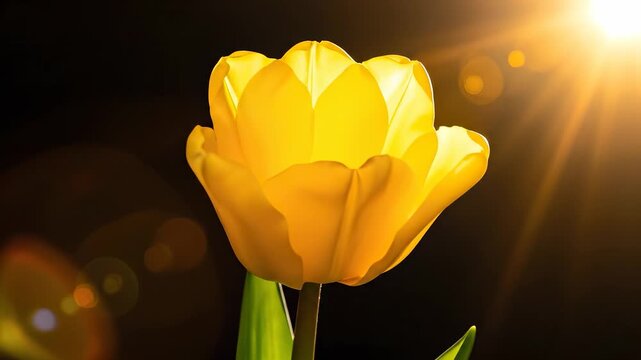 A single yellow tulip stands illuminated in the soft morning light, showcasing its elegant petals. The yellow tulip glows warmly against the dark background, capturing nature's bea
