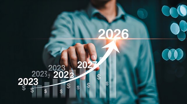 Hand pointing at rising financial chart showing growth toward 2026
 - Powered by Adobe