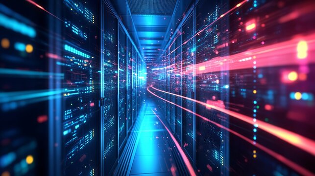 Dynamic data streams flowing through a modern server room for high speed computing, cloud services, and cutting edge technology solutions - Powered by Adobe