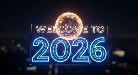 Welcome to 2026 with glowing sphere and neon blue numbers