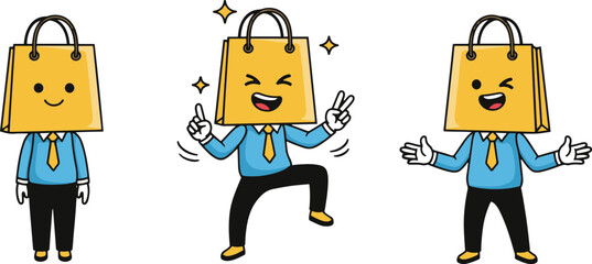 A set of three cartoon illustrations featuring a character in business attire with a yellow shopping bag replacing their head, showing different happy and expressive poses.
