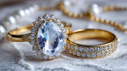 Gold engagement ring with aquamarine and diamond wedding band