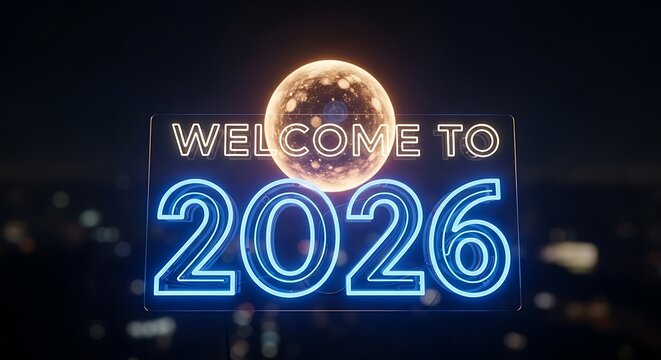 Welcome to 2026 with glowing sphere and neon blue numbers