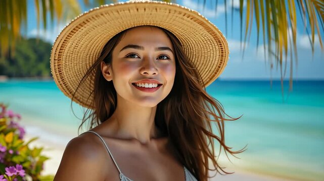 Smiling young woman wearing wide straw hat on sunny tropical beach with turquoise water and blurred palm background. Concept of summer vacation