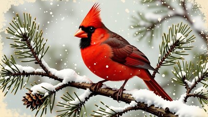 Realistic illustration of a vibrant red cardinal bird perched on a snowy pine branch with pine cones in a festive winter scene.