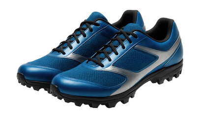 Breathable cycling shoes in blue and silver with spiked soles.