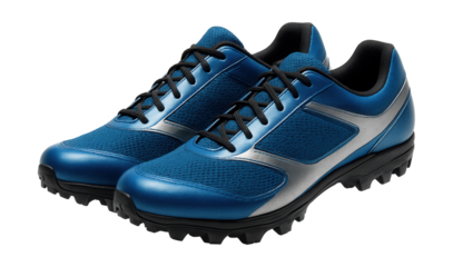 Breathable cycling shoes in blue and silver with spiked soles.