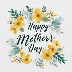 Watercolor yellow flowers and green leaves frame Happy Mothers Day text greeting card floral