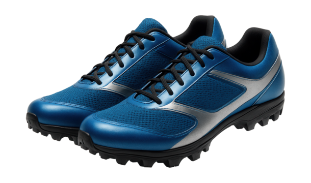 Breathable cycling shoes in blue and silver with spiked soles.
