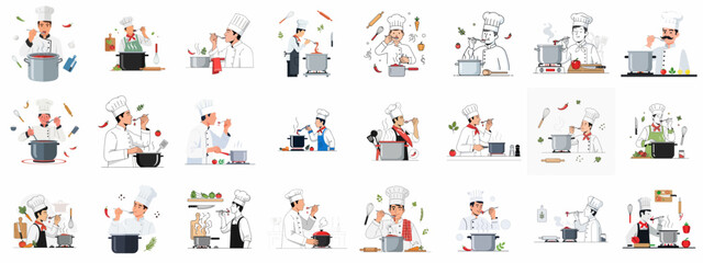 Collection of vector illustrations featuring professional male chefs tasting food, symbolizing culinary expertise, quality control, and recipe preparation.