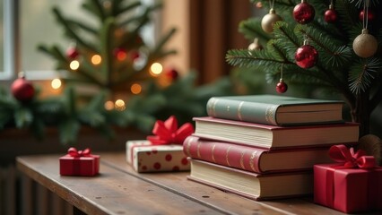 Christmas scene with antique book gift stack on rustic table, blurred background of decorated tree and candles, cozy empty composition with warm festive lighting