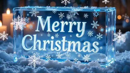 Merry Christmas sign in frosty winter blue background with snowflakes and icy textures creating holiday mood. Christmas celebration atmosphere - Powered by Adobe