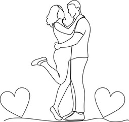 Continuous line drawing of hugging couple with hearts