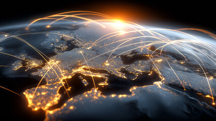 Network routes spanning Europe and neighboring regions on a digital globe illustrating international connections logistics and online communication.