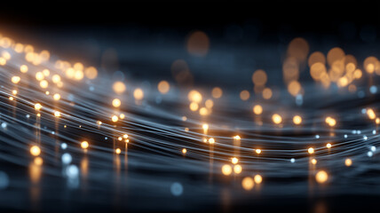 Flowing strands of fiber optic data lines carrying streams of information to symbolize high speed connectivity, modern communication networks and the invisible backbone of the internet.
