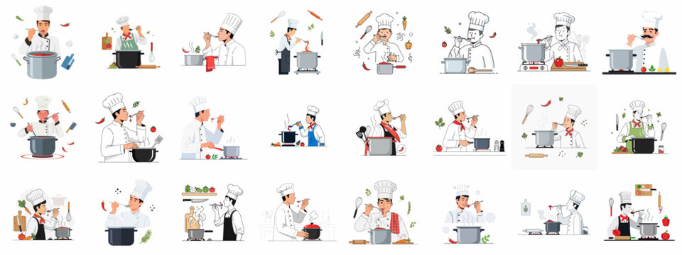Collection of vector illustrations featuring professional male chefs tasting food, symbolizing culinary expertise, quality control, and recipe preparation.