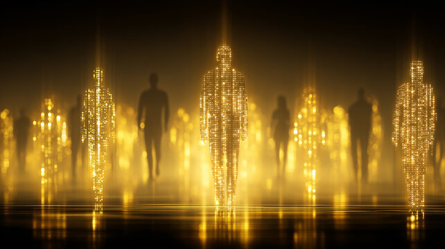 A flow of digitized human figures walking through cascading data to represent the modern workforce, people analytics and the transformation of society in a connected era.
