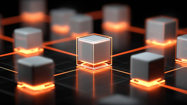 An emphasized central node in a connected cube network illustrating data flow, system architecture and the strategic role of core infrastructure within digital platforms.
