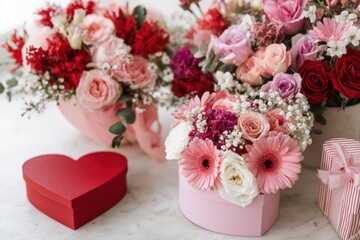 Romantic Floral Gift Set With Pink And Red Bouquets, Heart Shaped Box, And Present Wrap For Valentines Day And Special Occasions