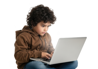 Young boy with curly hair intently focused on his laptop screen learning and engaging with technology in a studio setting against a black background