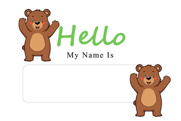 Cute Cartoon Bear Holding Food Items on a Name Tag Template for student school