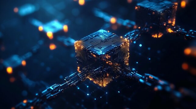 Futuristic blockchain network with glowing nodes connecting digital data blocks, perfect for illustrating modern technology concepts and secure data transfer systems