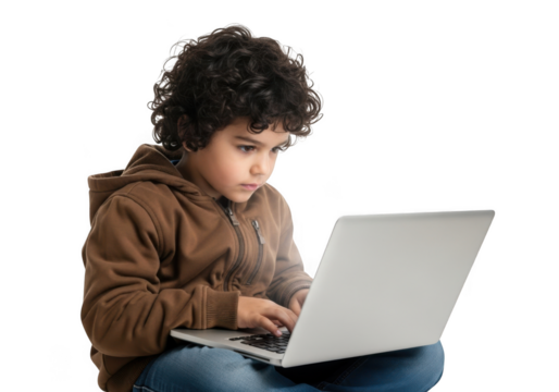 Young boy with curly hair intently focused on his laptop screen learning and engaging with technology in a studio setting against a black background