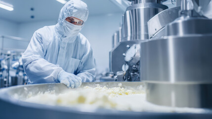 Worker in protective gear mixing dairy product in a high-tech processing facility with stainless steel equipment