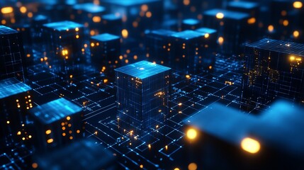 Stunning digital technology network with glowing nodes, perfect for illustrating complex data and modern systems with a futuristic and dynamic feel