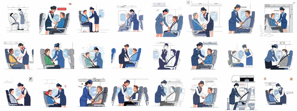Airplane cabin safety instructions set: Flight attendants demonstrate and check seatbelts for passengers before departure or during turbulence.