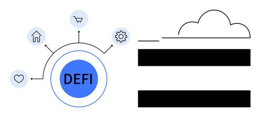 Fototapeta premium Circular DEFI node linking heart, house, shopping cart, gear icons with cloud graphic and bars symbolizing data. Ideal for blockchain, fintech, data management, cloud computing, innovation