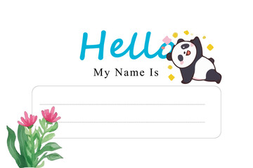 Cute Cartoon Bear Holding Food Items on a Name Tag Template for student school