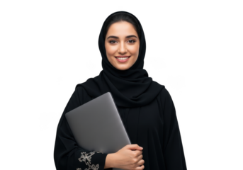 Smiling young muslim woman wearing a black hijab and abaya holds a laptop representing modern education and professional achievement in a diverse world