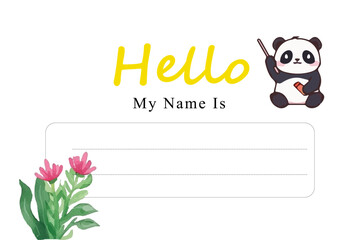 Naklejka premium Cute Cartoon Bear Holding Food Items on a Name Tag Template for student school