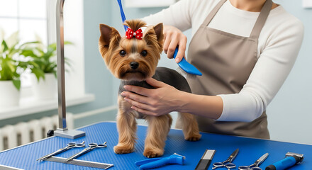 A professional groomer gently brushes a small, adorable Yorkshire Terrier on a blue grooming table. The dog, adorned with a red bow, looks calmly at the camera as various grooming tools are neatly.