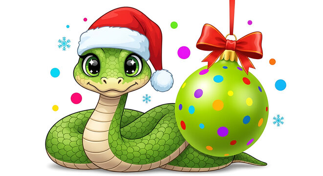 A charming cartoon green snake wearing a festive red Santa hat, coiled beside a giant polka-dotted Christmas ornament. The scene is adorned with colorful confetti and snowflakes, creating a whimsical.