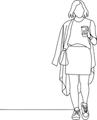 Continuous line drawing stylish woman with coffee cup
