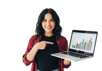 Young woman enthusiastically points to laptop screen displaying upward trending financial stock market bar chart against black background