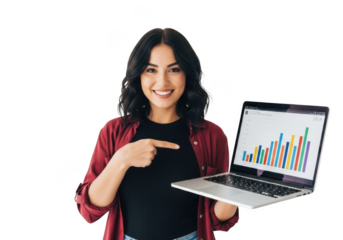Young woman enthusiastically points to laptop screen displaying upward trending financial stock market bar chart against black background