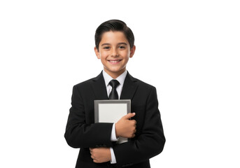 A young boy dressed in a formal suit and tie smiles confidently while holding a blank tablet computer against a stark black background