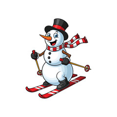 Cartoon snowman skiing isolated on white background, wearing hat and scarf