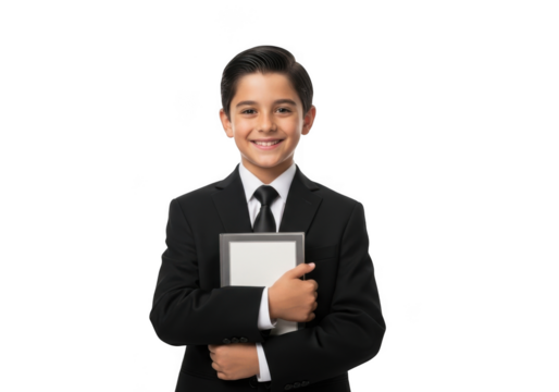 A young boy dressed in a formal suit and tie smiles confidently while holding a blank tablet computer against a stark black background