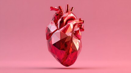 Red Geometric Heart Sculpture in Pink Studio Backdrop: Modern Abstract 3D Art for Love, Health, and Wellness Campaigns