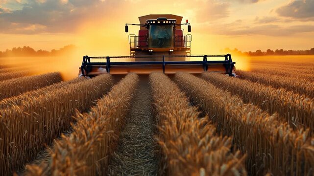 Combine Harvester in Wheat Field at Sunset an epic scene of modern agriculture and the food industry.