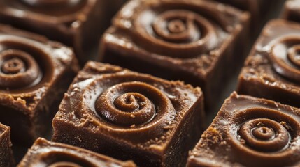 A close-up of chocolate squares with spiral designs, showcasing a delicious dessert