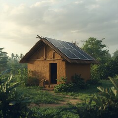A small village hut with a sloping thatched roof, earthy textures.