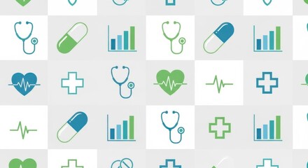 Seamless pattern of medical icons including stethoscopes pills hearts charts and plus signs on gray tiles