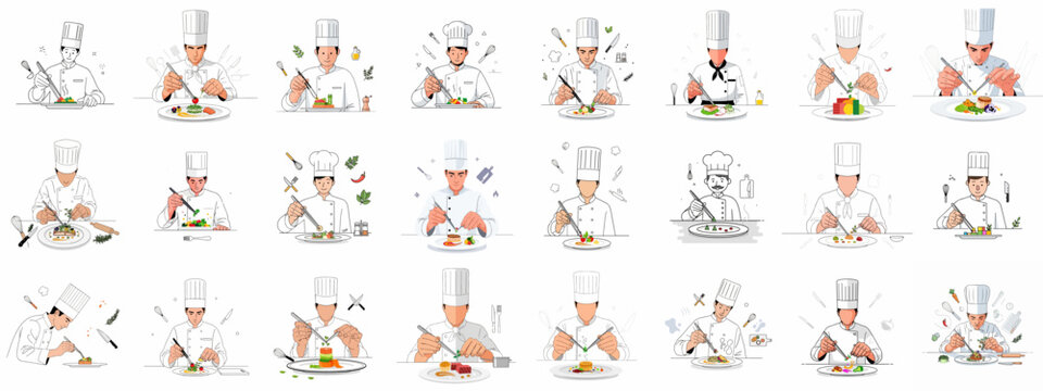 Professional chef plating food collection: illustrations emphasizing fine dining, gourmet garnish, culinary artistry, and restaurant presentation techniques. - Powered by Adobe