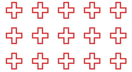 A repeating pattern of fifteen red plus signs arranged in three rows on a white background surface